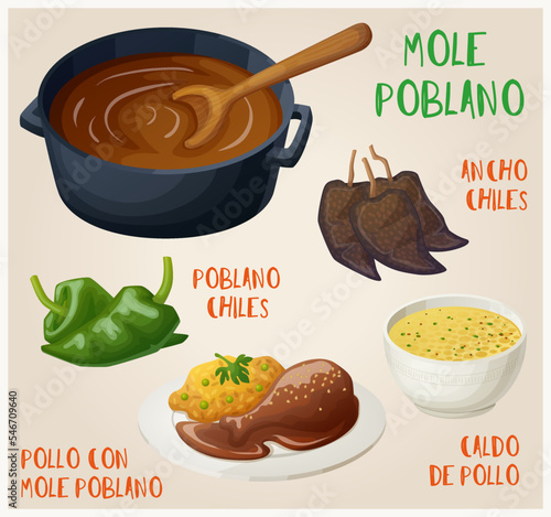Mole poblano with ingredients vector icons set. Collection of pollo con mole poblano mexican food cartoon illustrations