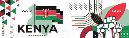 Kenya national day banner with Kenyan flag and map colors theme background and geometric abstract retro modern red green black design. Raised fists of Nairobi supporters. Happy Jamhuri Day.