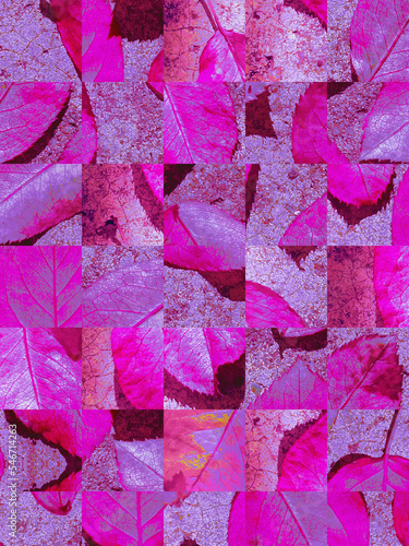 Vibrant purple mosaic-like background with leaf fragments. photo