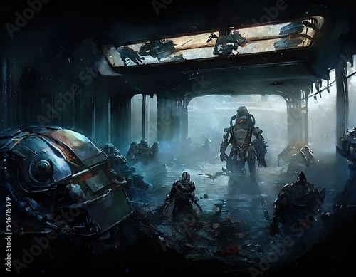 Space marines exploring a distance alien planet generated ai