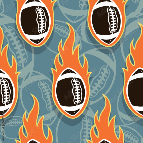 Rugby balls in fire repeating tile background. American football balls seamless pattern vector image wallpaper and wrapping paper design.