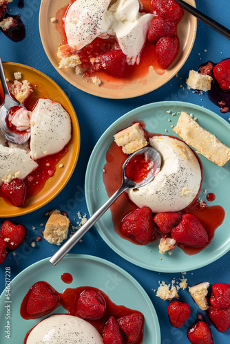 strawberries + panna cotta creme with shortcake bits photo