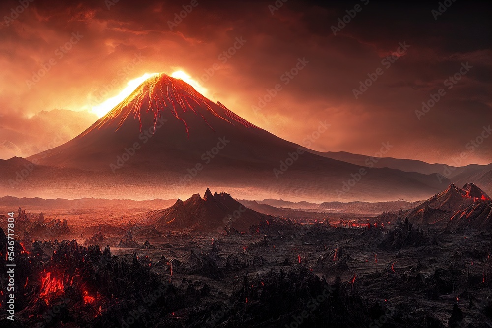 Dark volcano exploding in the distance, ash covered land