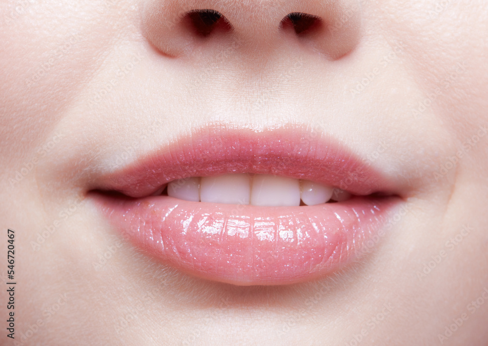 Naklejka premium Human mouth and nose. Closeup macro portrait of female part of face. Woman lips with day beauty makeup.