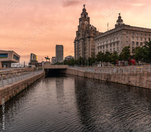 Royal Liver Building in Liverpool, image captured at sunrise in the city center downtown docklands