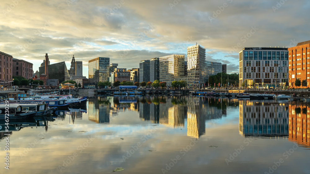 Royal Albert Dock, the Liverpool landmark, image captured at sunset in the city center downtown docklands