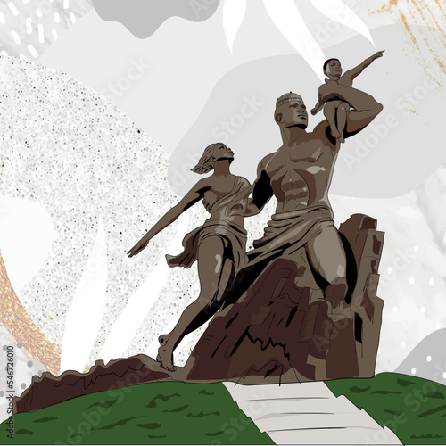 African renaissance monument in Dakar, senegal - Tallest statue in Africa - Images of a family in a park near the coast