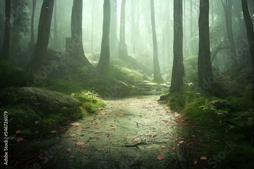 Misty path through the forest