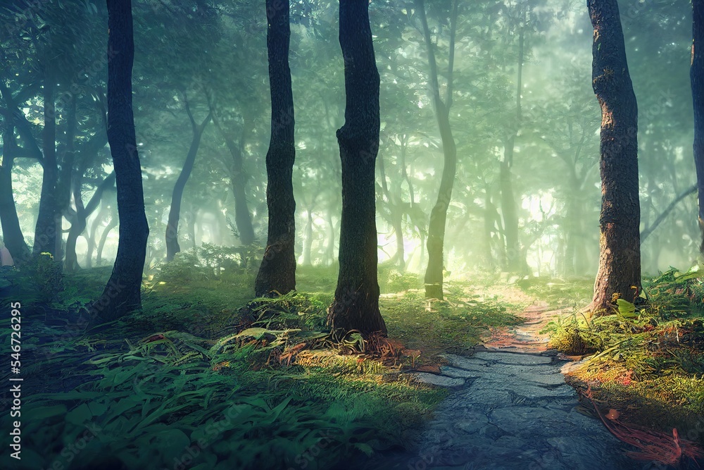 Misty path through the forest