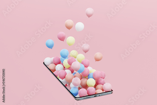 3D render of colorful balloons coming out of mobile phone photo