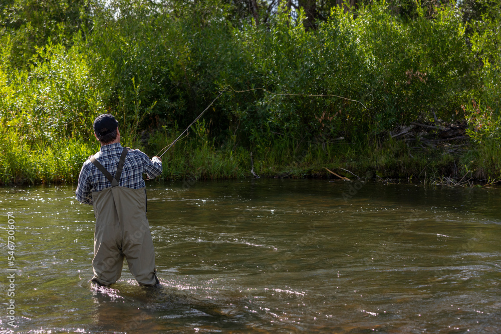 Middle aged man Fly Fishing alone Provo River Utah Middle aged man Fly Fishing alone Provo River Utah