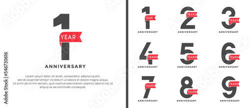 set of anniversary logotype style red and black color with red ribbon for celebration