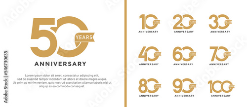 set of anniversary logo style flat golden color and ribbon for celebration photo