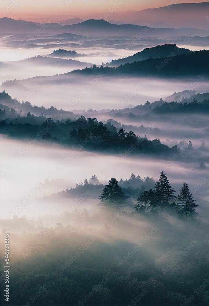 Mountain landscape with foggy rolling hills and trees Mountain landscape with foggy rolling hills and trees
