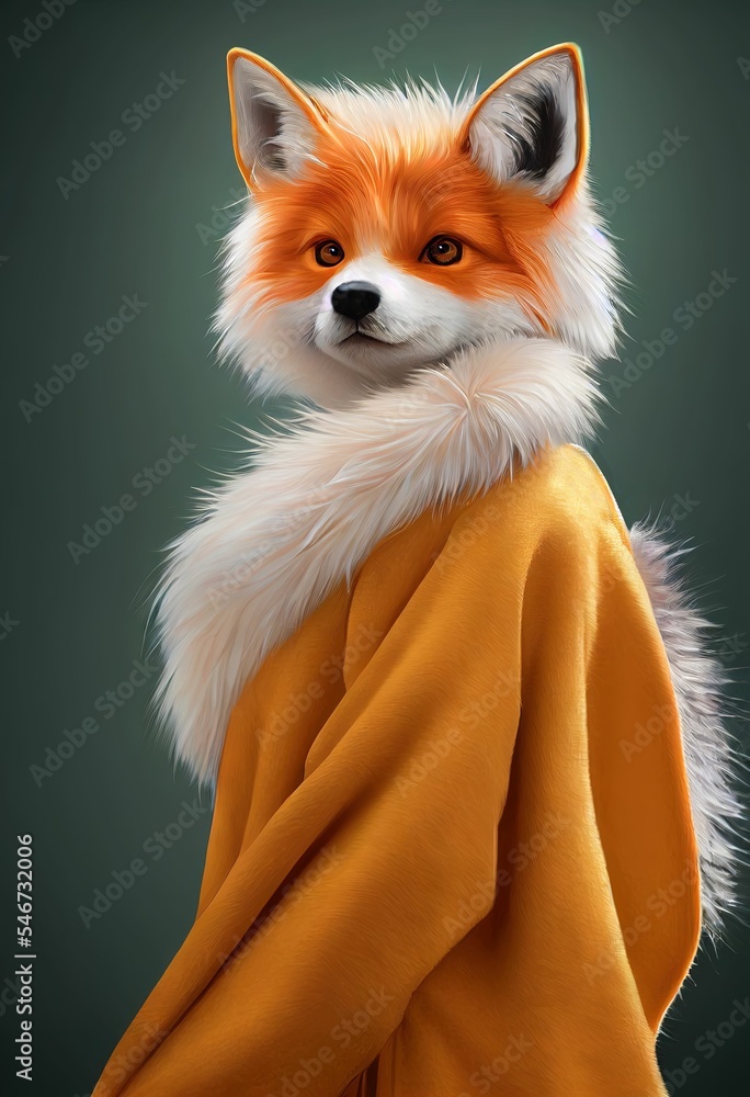 Fototapeta premium Portrait of Fox wearing luxury clothes, orange trench coat with fur