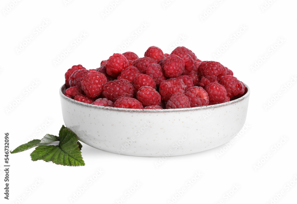 Bowl of fresh ripe raspberries with green leaves isolated on white Bowl of fresh ripe raspberries with green leaves isolated on white