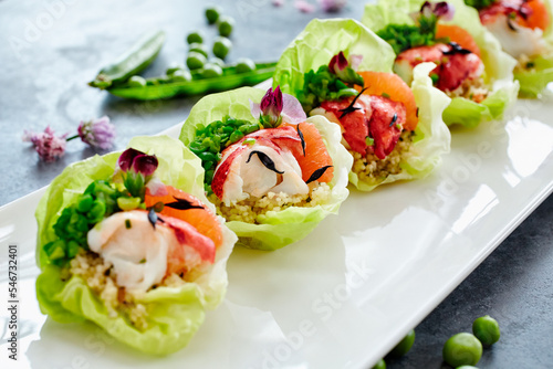 Beautiful appetizer of Lobster salad cups with couscous photo