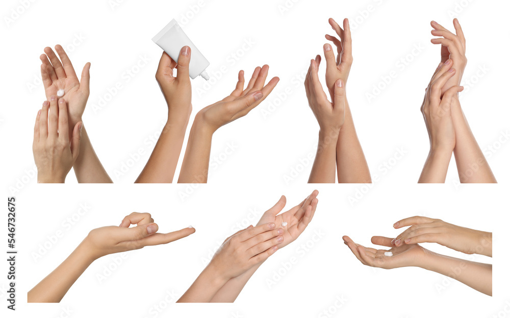 Collage with photos of women applying cream on hands against white background, closeup Collage with photos of women applying cream on hands against white background, closeup