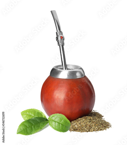 Cuadro en lienzo Calabash with mate tea, bombilla and green leaves on white background