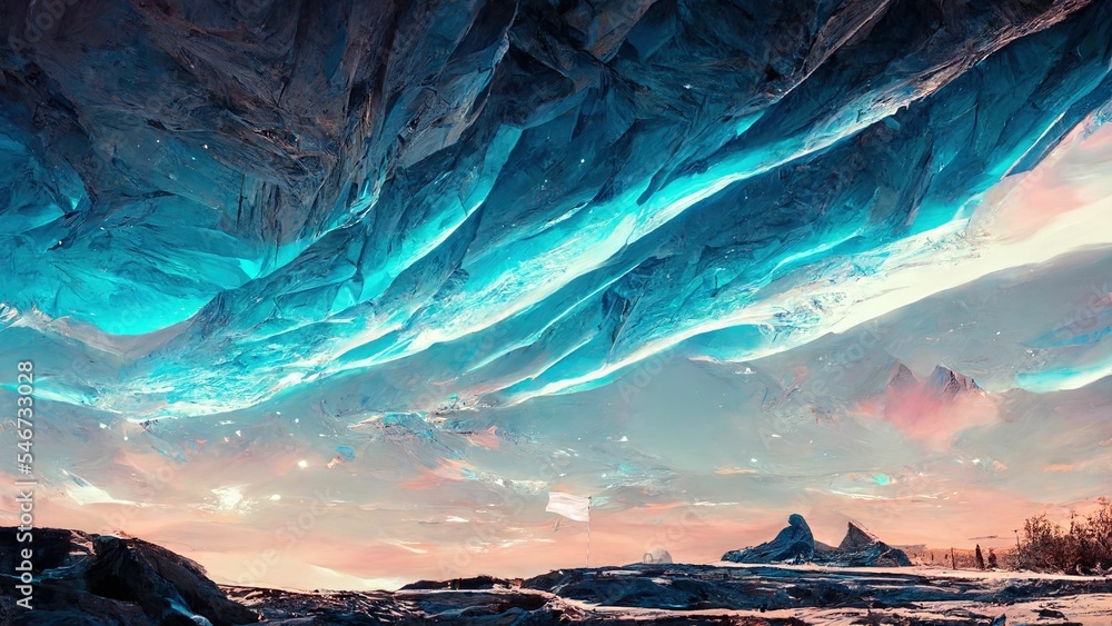 Alien planet with frozen ice cave, jaggedf rocks under the night sky ...