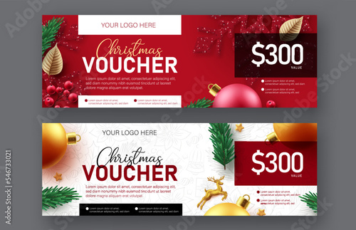 Christmas voucher vector banner set design. Merry christmas gift certificate collection for holiday season shopping coupon lay out. Vector Illustration.