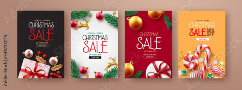 Christmas sale vector poster set design. Merry christmas promotion offer text with xmas elements collection for holiday season shopping brochure lay out. Vector Illustration. photo