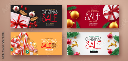 Christmas sale vector set banner design. Merry christmas special offer text with xmas holiday elements for seasonal promotion collection. Vector Illustration.