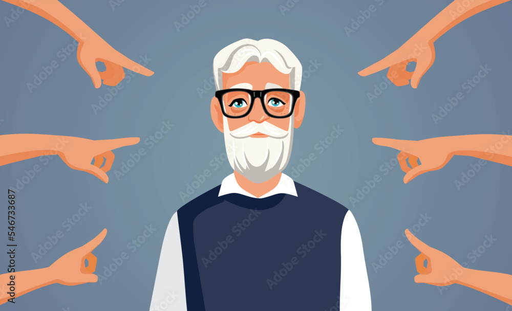 People Criticizing an Elderly Man Vector Cartoon Illustration. Senior worker being discriminated because of agist shameful attitude 
 - obrazy, fototapety, plakaty 