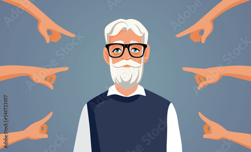 People Criticizing an Elderly Man Vector Cartoon Illustration. Senior worker being discriminated because of agist shameful attitude 
 photo