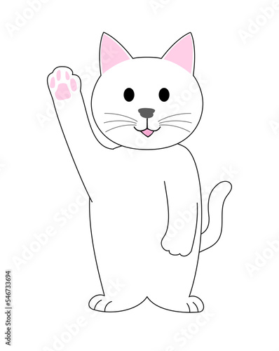 A white cat  raising hand with white background