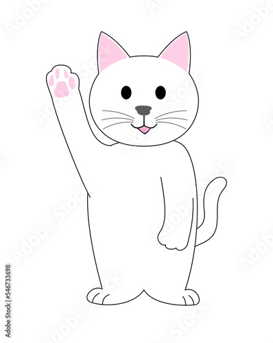 A white cat  raising hand with white background