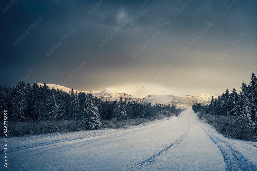 Mountain landscape with lake, snowy peaks, green grass on rocks and trees Mountain landscape with lake, snowy peaks, green grass on rocks and trees
