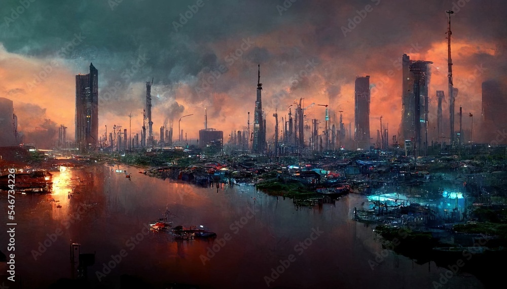 Naklejka premium Fantasy science fiction city. Digital painting. Fictional abstract realm. Futuristic concept art, colorful artistic landscape