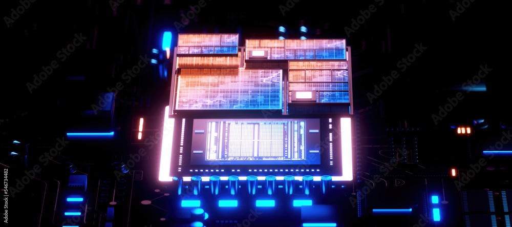 Fototapeta premium 3D rendering of cyberpunk AI. Circuit board. Technology background. Central Computer Processors CPU and GPU concept. Motherboard digital chip. Tech science background.