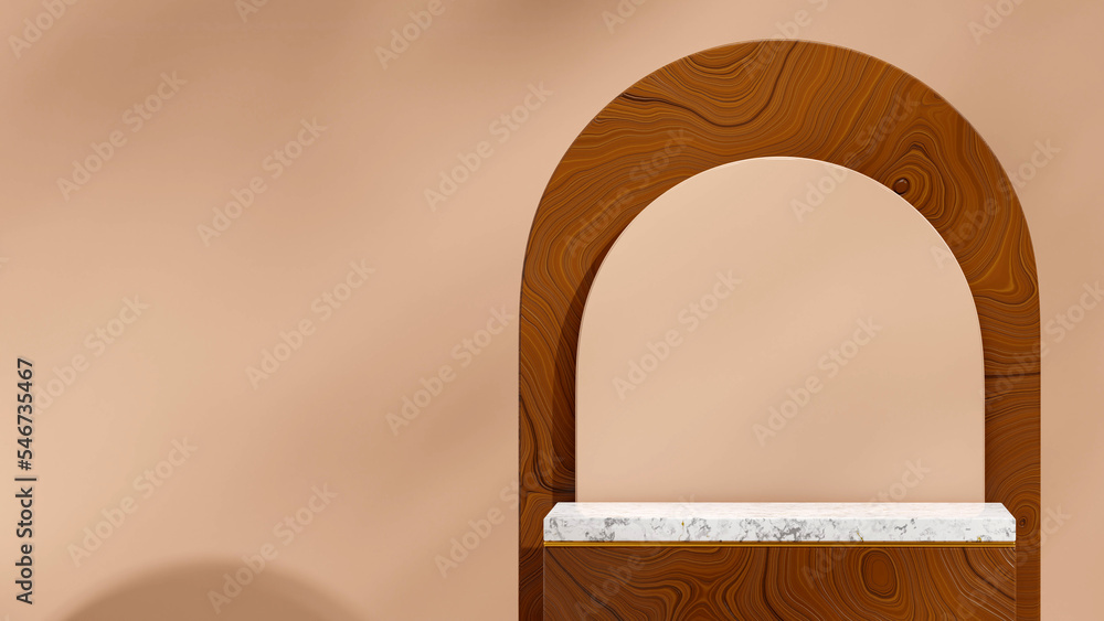 Marble and wood podium in landscape gold accent and brown wall 3D render mockup template Marble and wood podium in landscape gold accent and brown wall 3D render mockup template