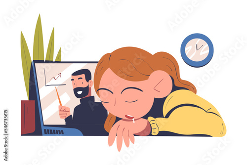Bored Woman Sleeping at Lecture as Online Education and E-learning with Professor on Computer Screen Vector Illustration