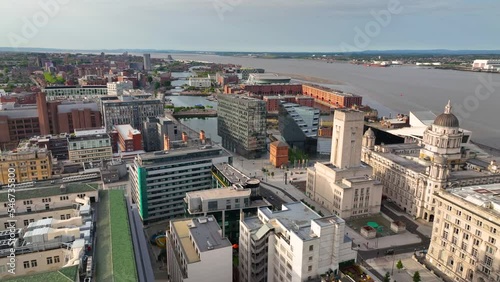 Royal Albert Dock, Open Eye Gallery and Port of Liverpool Building aerial view in Liverpool, Merseyside, UK. Liverpool Maritime Mercantile City is a UNESCO World Heritage Site.  photo