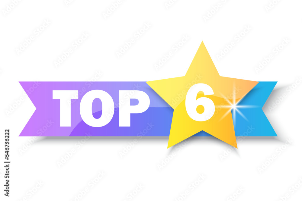 Top 6 rating banner. Gold Star. Sale label. Business concept. Logo template. Vector illustration. stock image.