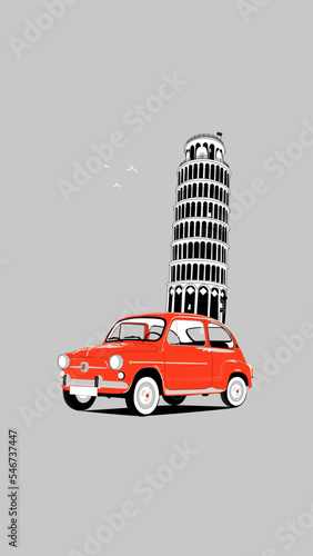 vintage classic red fiat car next to the tower of pisa vector illustration. vintage classic red fiat car vector illustration. classic car. illustration of a classic car