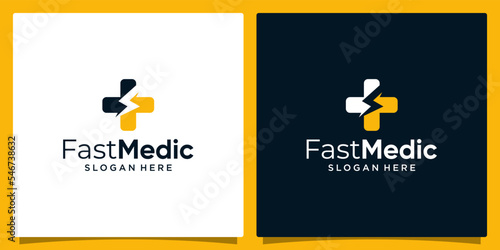 Cross Sign with medical logo health icon design and lightning logo vector illustration graphic design. Flat Vector Logo Design Template Element