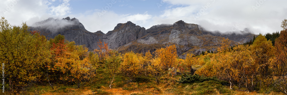 Bjorntinden Nusfjord autumn trees Lofoten Islands Bjorntinden Nusfjord autumn trees Lofoten Islands