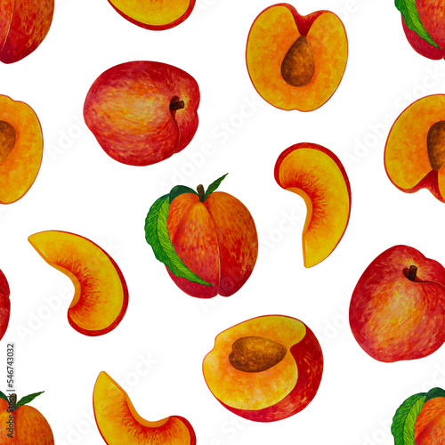 Fresh peaches seamless watercolor pattern. Hand drawn juicy fruits isolated on transparent background. Summer exotic nectarines with leaf, stem. Half berry with pit and ripe pulp. For posters, cards