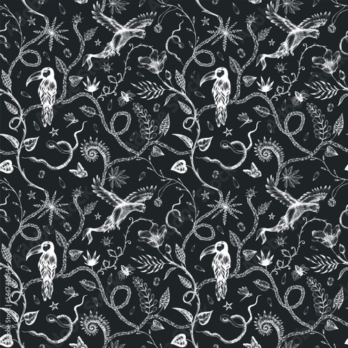 Foto Beautiful vector trendy seamless pattern with hand drawn chimera animals birds insects and fantasy plants