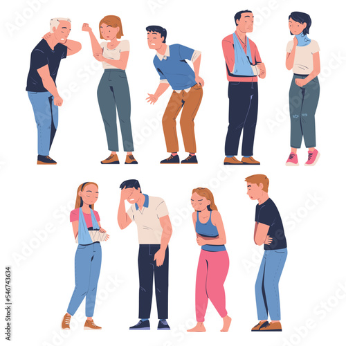 People suffering from pain set. Men and women feeling pain in body caused by illness or injury cartoon vector illustration