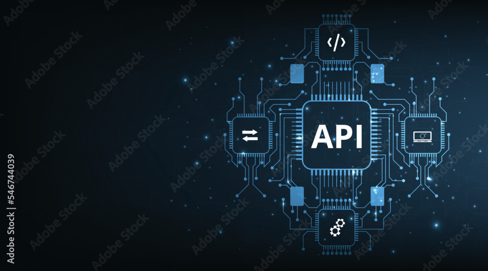 Application Programming Interface (API). Software development tool, information technology, modern technology, internet and networking concept on dark blue background. Application Programming Interface (API). Software development tool, information technology, modern technology, internet and networking concept on dark blue background.