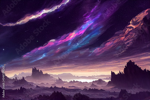 sunrise in the mountains with view galaxy