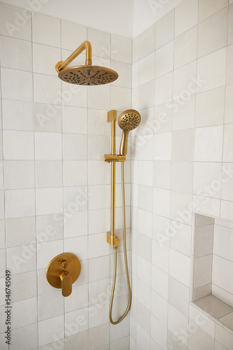 Gold shower fixture in bathroom