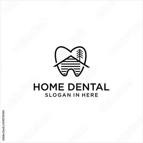 Modern dental logo design with home tree and tooth icon for orthodontic clinic dentist health care family real estate medical brand identity vector template concept illustration