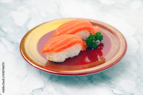 Freshly prepared Japanese food called Salmon Nigiri