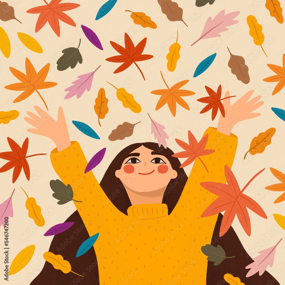 Woman playing with leaves in autumn illustration Woman playing with leaves in autumn illustration